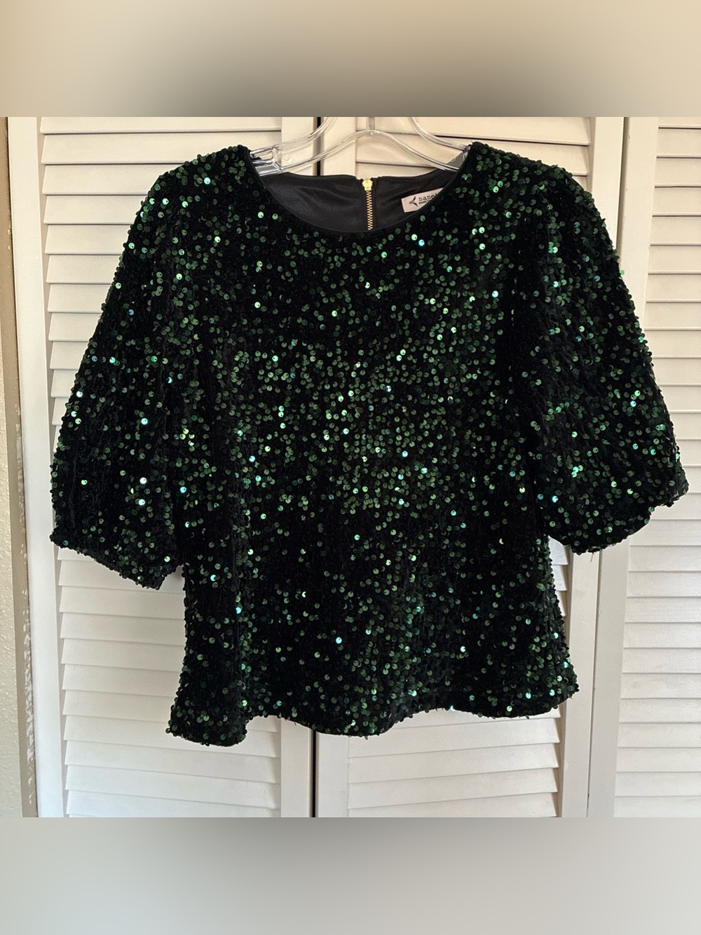 Nanette Lepore-Emerald Green Sequin Puff Short Sleeve Top Sz M EUC